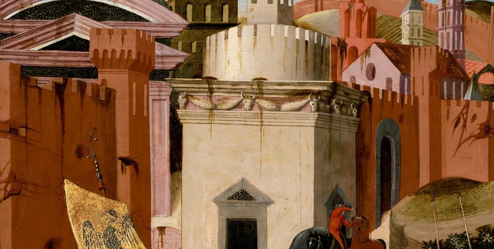 The detailed architecture provides context, suggesting a Roman setting and the urban environment from which the triumph emerges.