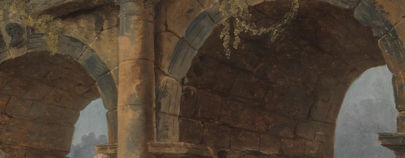 The painting's emotional exhale , soft blue atmospheric distance contrasts with the rough foreground masonry and rewards a slow zoom through the arch