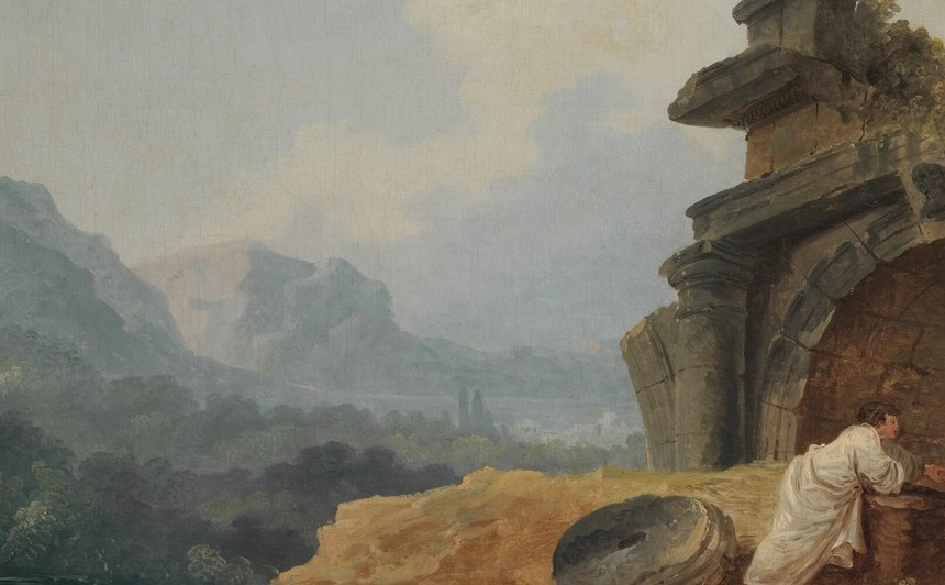 A secondary framing device that creates a recession of arches in depth, reinforcing Robert's signature layered-ruin perspective trick