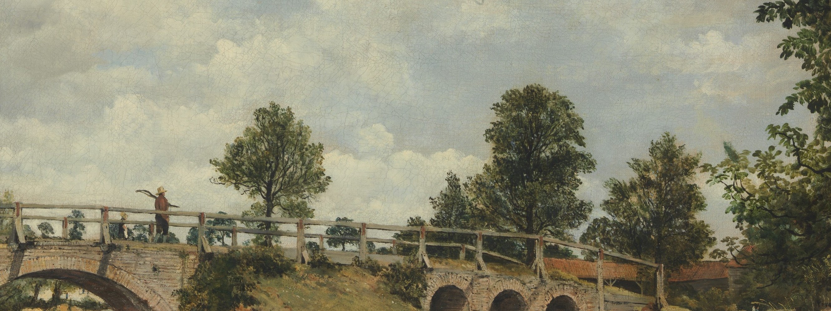 The painting's central subject , multiple masonry arches show weathered age; the bridge is the implied threshold between wilderness and civilization in Romantic pastoral imagery.