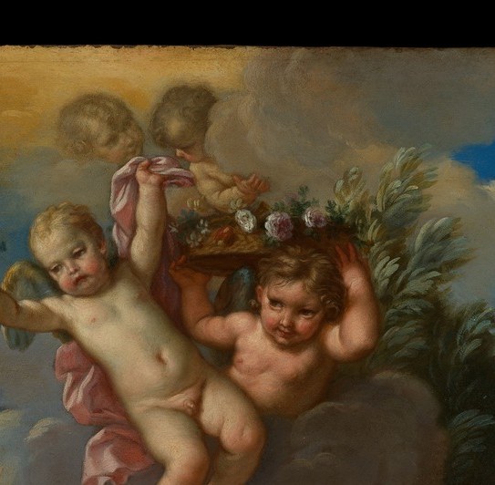 Above them, a putto offers a wreath, signaling future triumph.