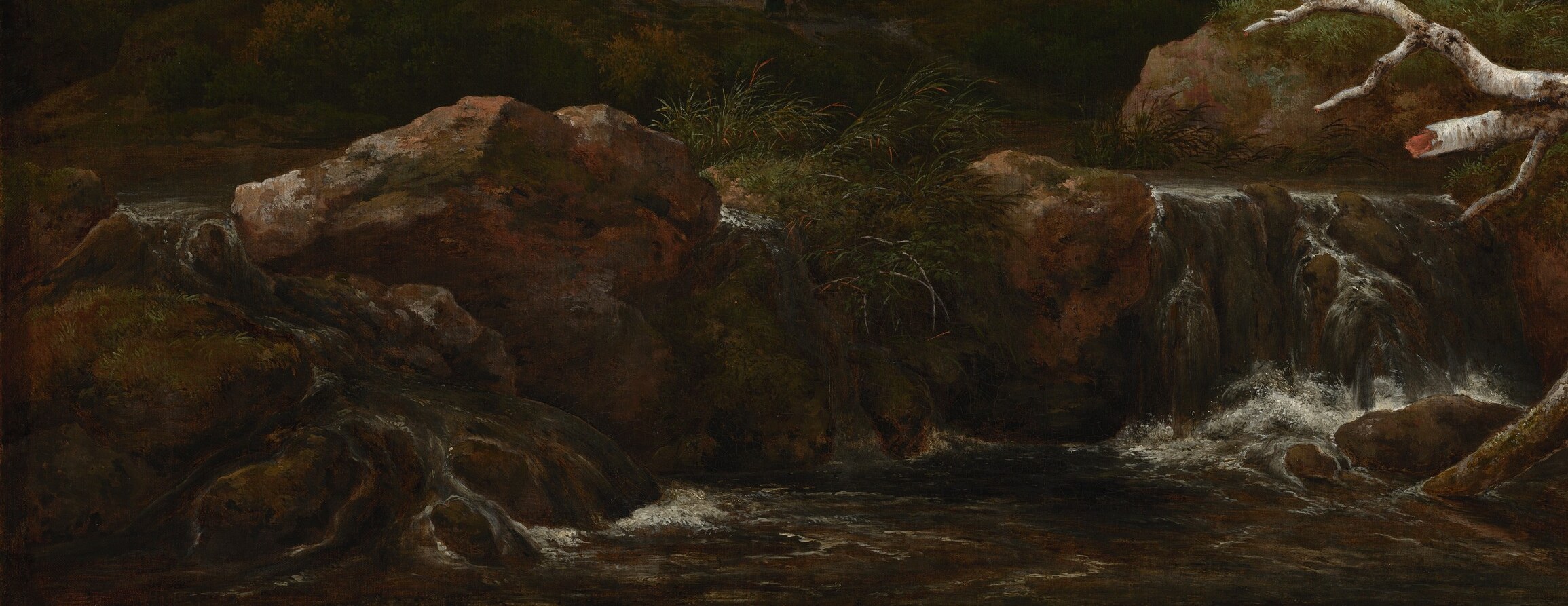 Tactile geological detail that anchors the viewer in the scene; the varied tonal mosses show close observation of wet northern forest floors