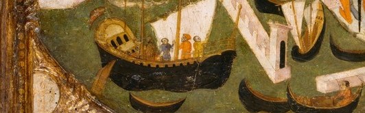 The ship signifies arrival by sea.