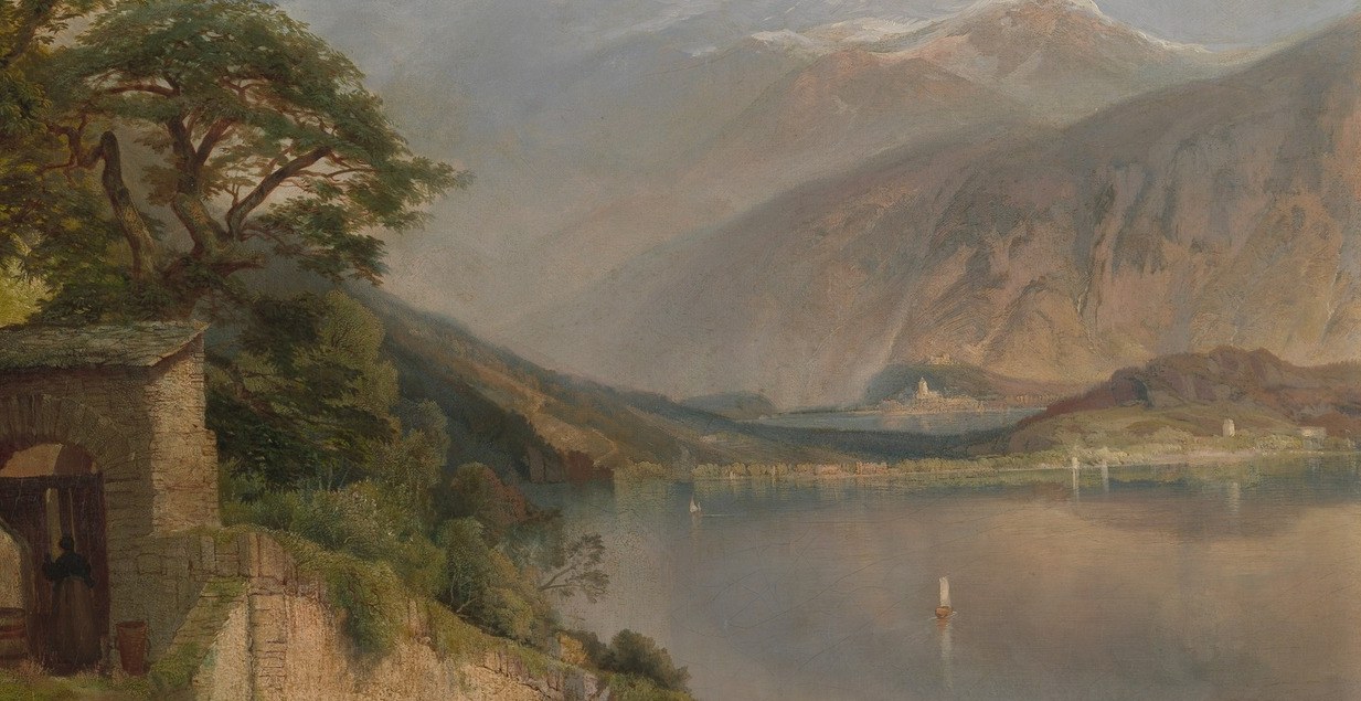 Moran uses the water as a luminous mirror , sky light pools here and creates the painting's greatest tonal range, from deep shadow at the near shore to bright glimmer at center