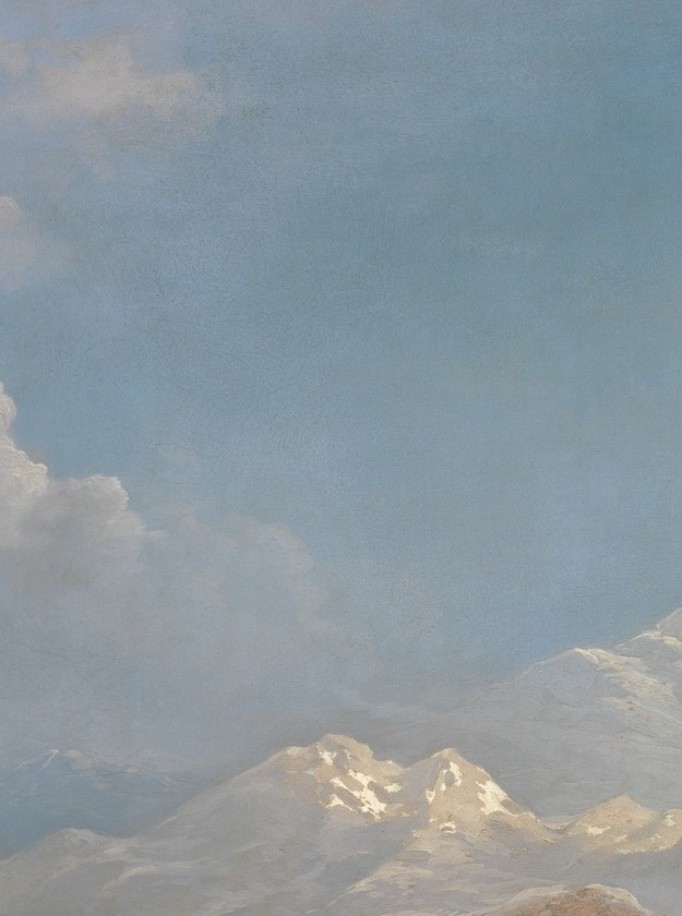 The only pure white passage in the painting; their verticality echoes the foreground tree and anchors the Sublime dimension of this Italian-lake scene