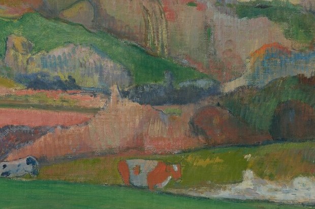 A brooding, near-black mass that creates strong tonal contrast with the red-orange fields; its ambiguous form , earth, thatch, or rock , is a signature Gauguin flattening of nature.