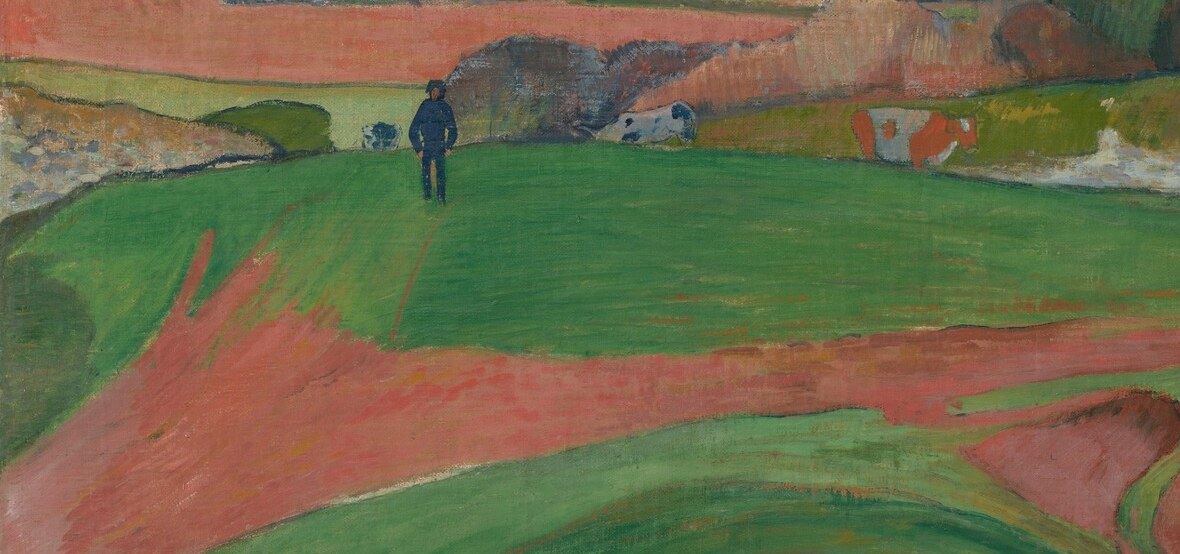 Gauguin's non-naturalistic chromatic choice: Breton soil was not this red. The intense colour signals emotional truth over optical fact, a hallmark of Synthetism.
