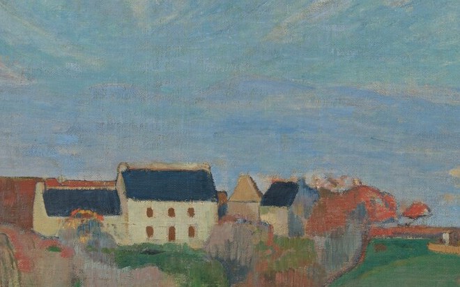 The crisp white walls anchor the composition and draw the eye across the undulating fields; they represent Breton domesticity amid Gauguin's flattened, decorative landscape.