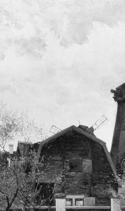 The dominant vertical landmark; its silhouette against the pale sky anchors the whole composition and signals the working character of this Scandinavian coastal settlement.