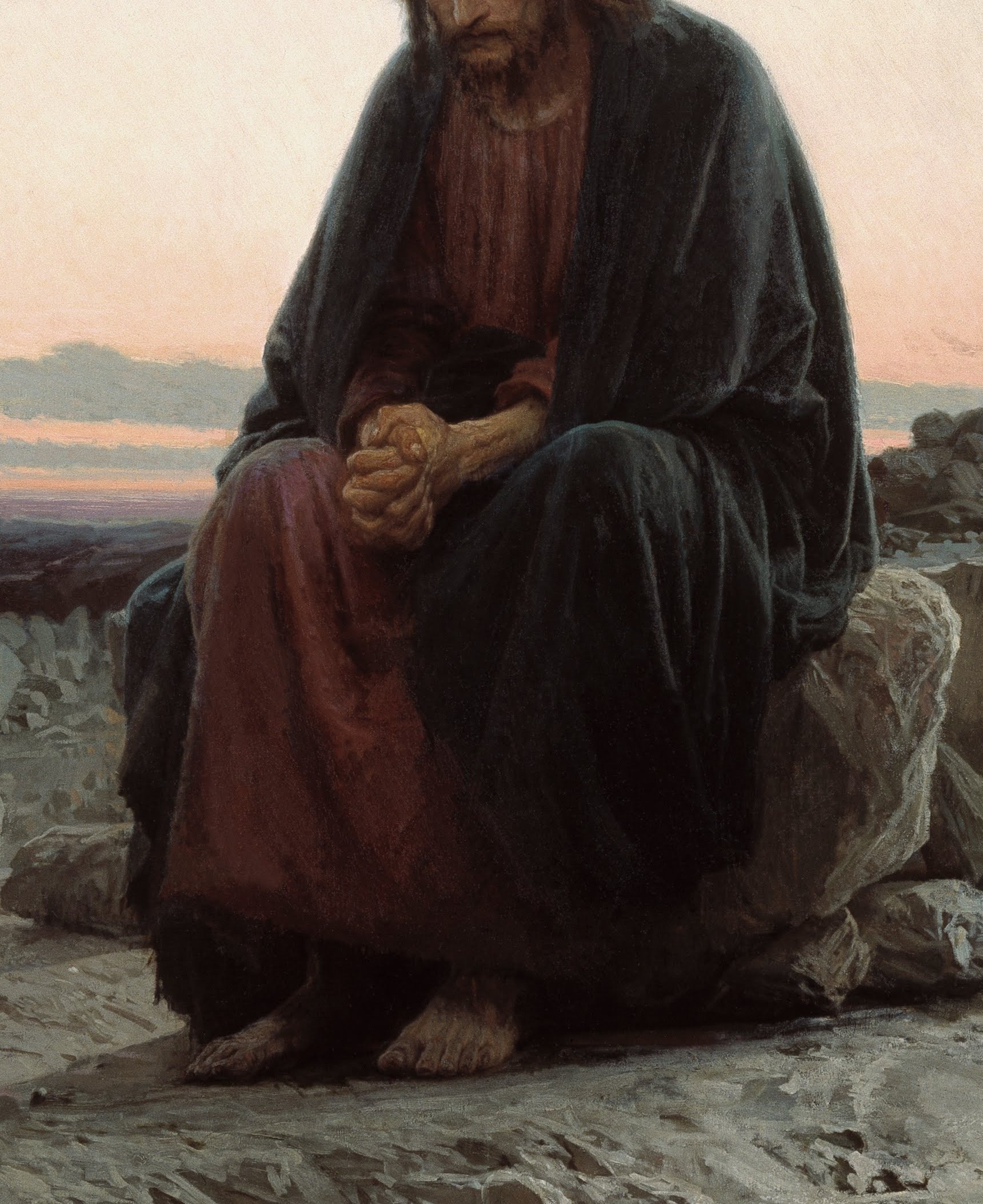 The heavy, dark cloak envelops him, suggesting isolation and the weight of his burden.
