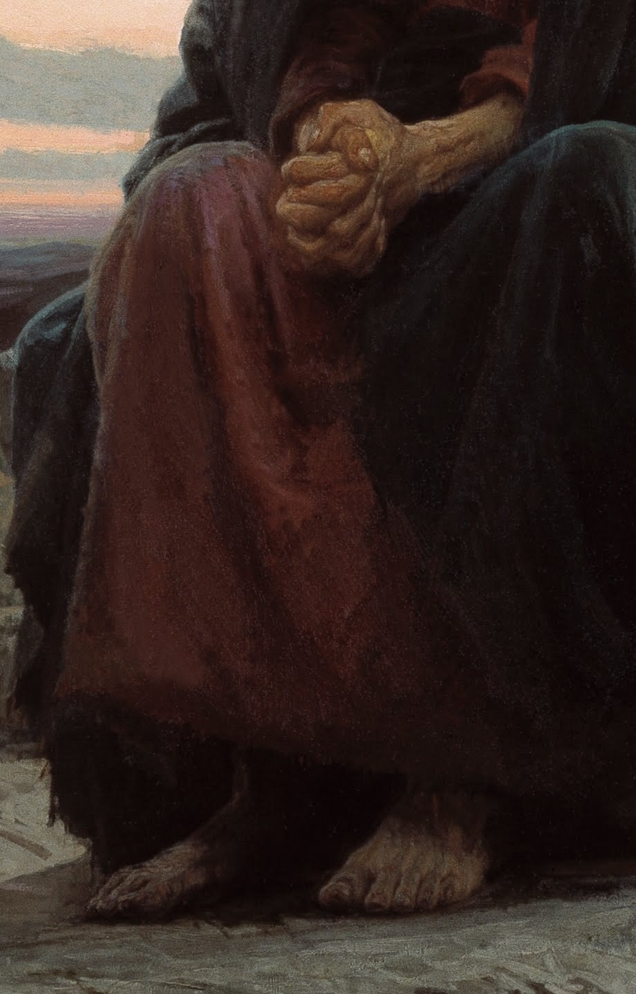 The vibrant red of his inner robe contrasts with the dark outer garment, possibly symbolizing his humanity or suffering.