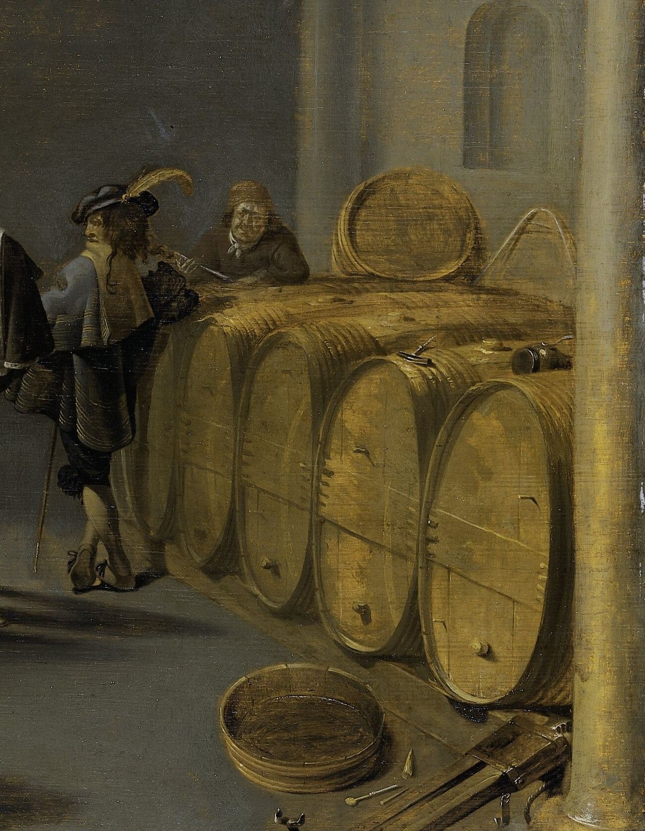 Behind him, stacked barrels signal wholesale trade.