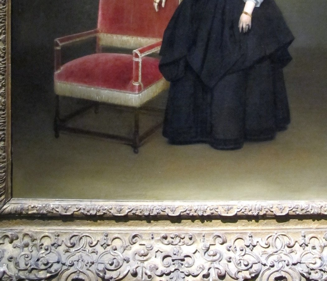 The skirt's bell volume and subtle folds reveal how diffuse light wraps heavy fabric; it is both a fashion document of 1660s Dutch dress and the compositional anchor of the lower half.