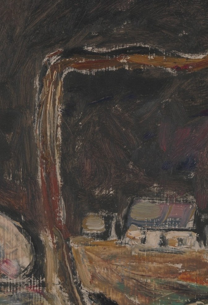 The hunched figure in the center carries a hidden burden.