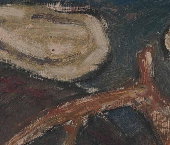 Above the figure, two pale forms seem to watch.