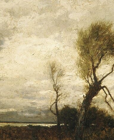 Wind-sculpted trees hold the center against a heavy sky.