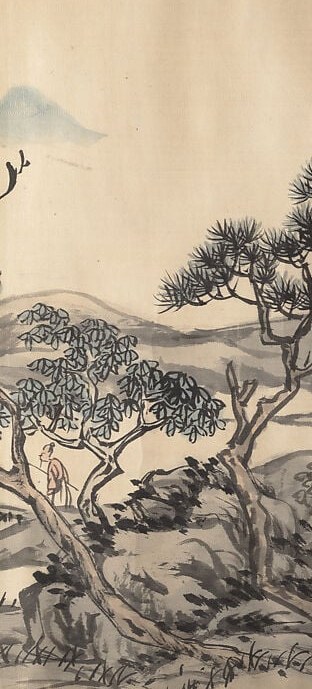The twisted, expressive trunks and spreading boughs are the most texturally alive passage in the scroll , a virtuoso demonstration of Chinese brushwork conveying age and resilience.