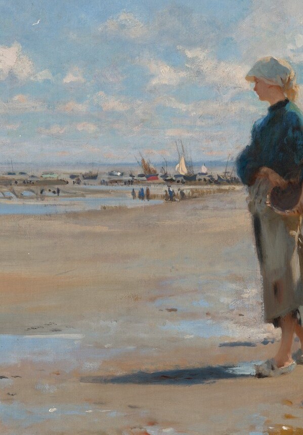 Her forward lean and heavy dark skirts set the group's direction of travel; the eye follows her implied gaze toward the tidal flats.