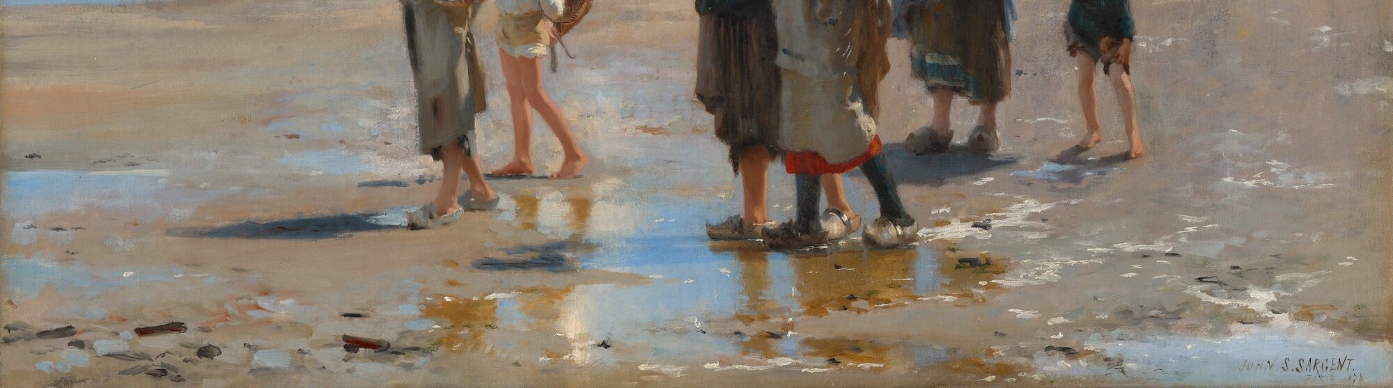 Sargent's tour-de-force passage: the wet beach mirrors sky light in loose, confident strokes that dissolve solid ground into something almost atmospheric.