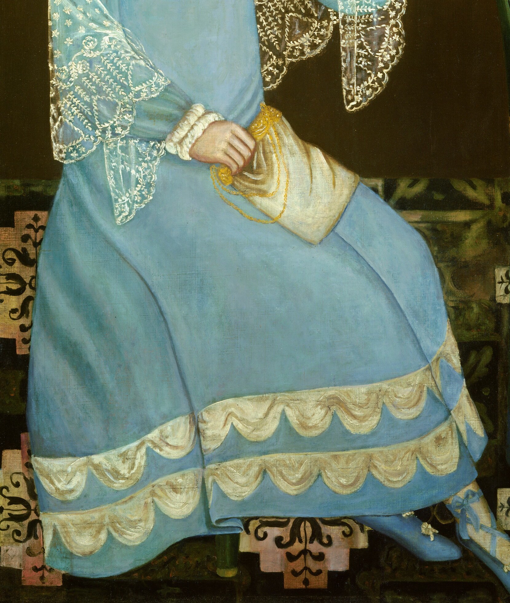 The rich blue fabric and intricate lace detailing showcase the sitter's wealth and the fashion of the era.