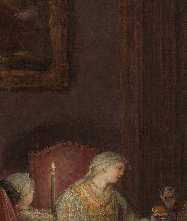 The single artificial light source organizes the entire tonal structure of the painting , a classic chiaroscuro anchor worth isolating.