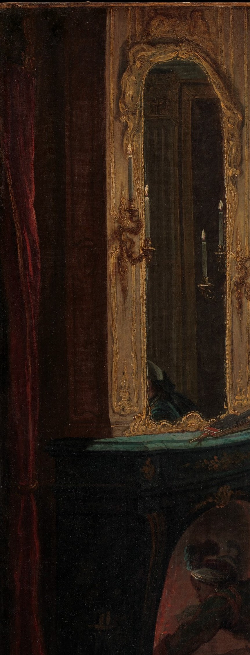 Reflections or depth implied here could reveal a hidden spatial layer; in Dutch and French interiors this device often contains a secondary scene.