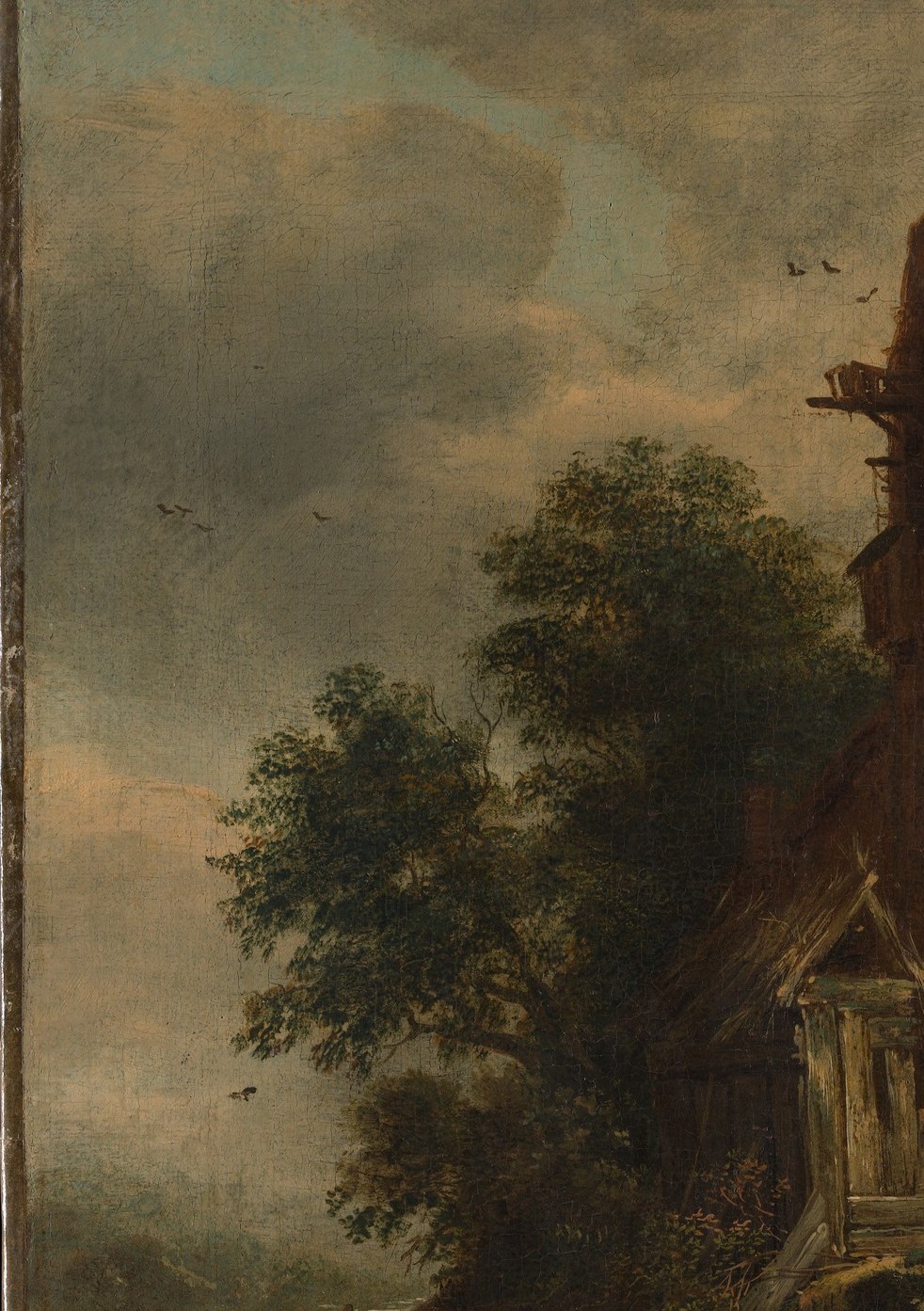 Dense foliage rendered with tonal variation frames and partially obscures the ruin, suggesting nature's ongoing encroachment and softening the hard masonry