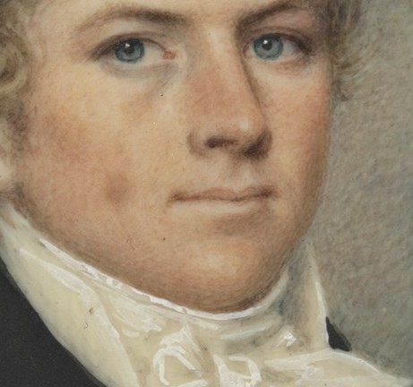 The voluminous and intricately tied cravat is a focal point, showcasing the sitter's social standing and attention to fashion.