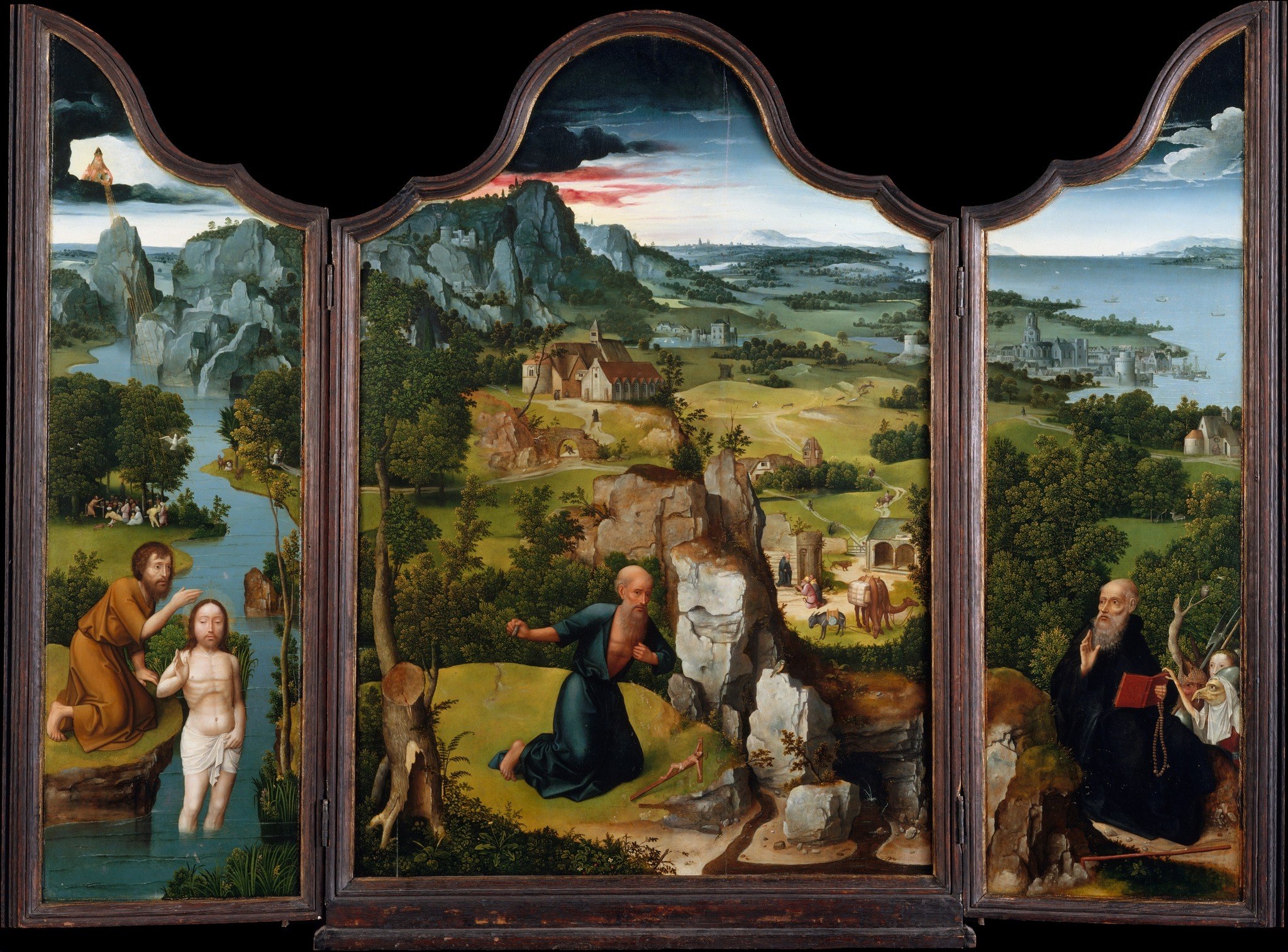 The altarpiece format itself is a visible element , the hinged wings and shaped arches signal liturgical function and invite reading each panel as a separate devotional space.