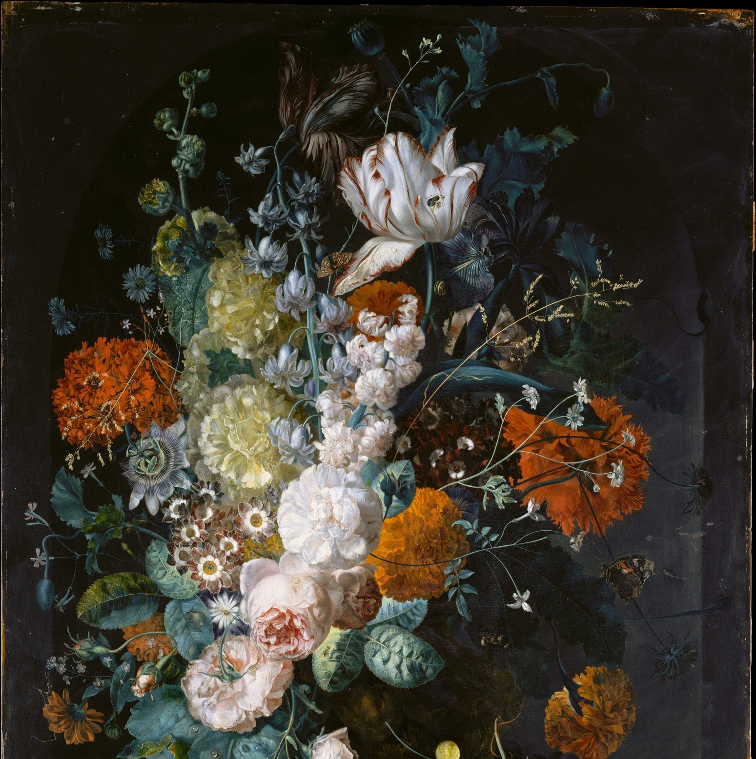 The near-black surround is calculated void: it maximizes the flowers' luminosity by contrast, borrowing a technique from Rembrandt's portrait lighting and common in Dutch vanitas still life.