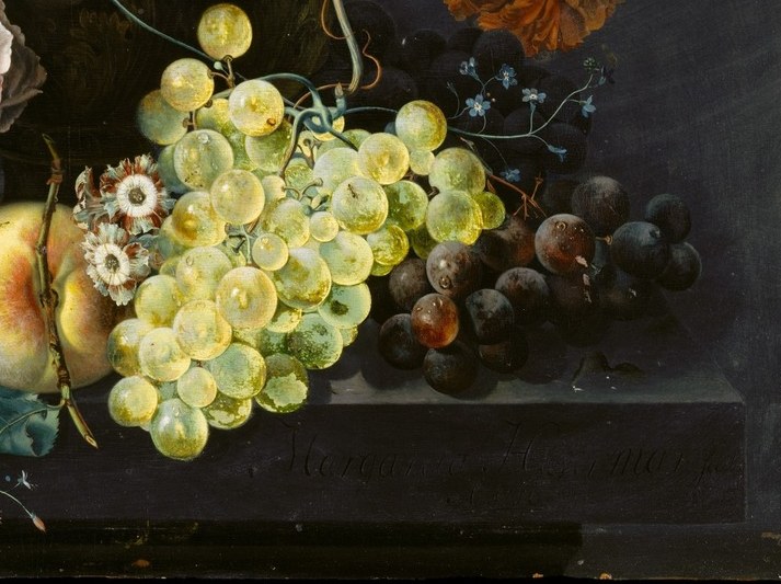 Translucent skin, surface bloom, and each individual highlight push oil paint to its optical limits; grapes also carry Eucharistic symbolism in vanitas tradition.