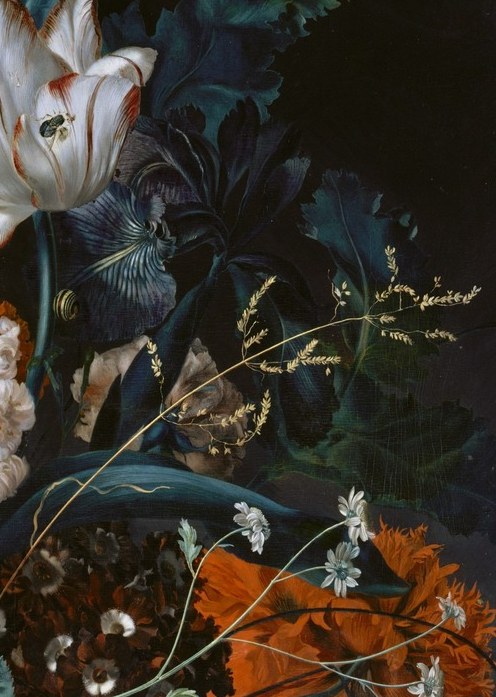 Vivid orange-red creates maximum chromatic tension against the dark ground; tulips were still luxury commodities in 1716 and their inclusion signals collector status.