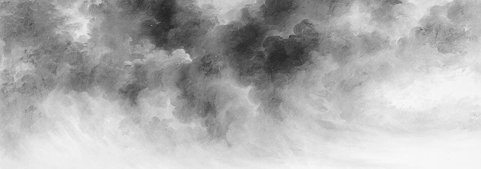 Chapman's most virtuoso passage , layered grey-white cumulus with internal luminosity, the sky occupying nearly half the canvas.