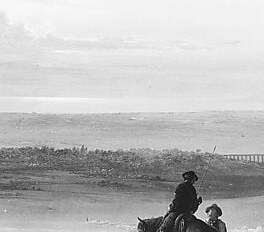 The central human-animal axis of the painting , a mounted shepherd controlling the flock gives scale to the vast plain behind.