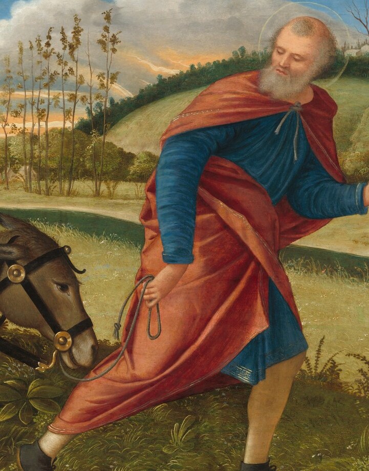 The vivid vermilion creates a bold diagonal counterweight to Mary's blue-gold mass; the wind-caught fold behind him implies forward motion and adds compositional energy.