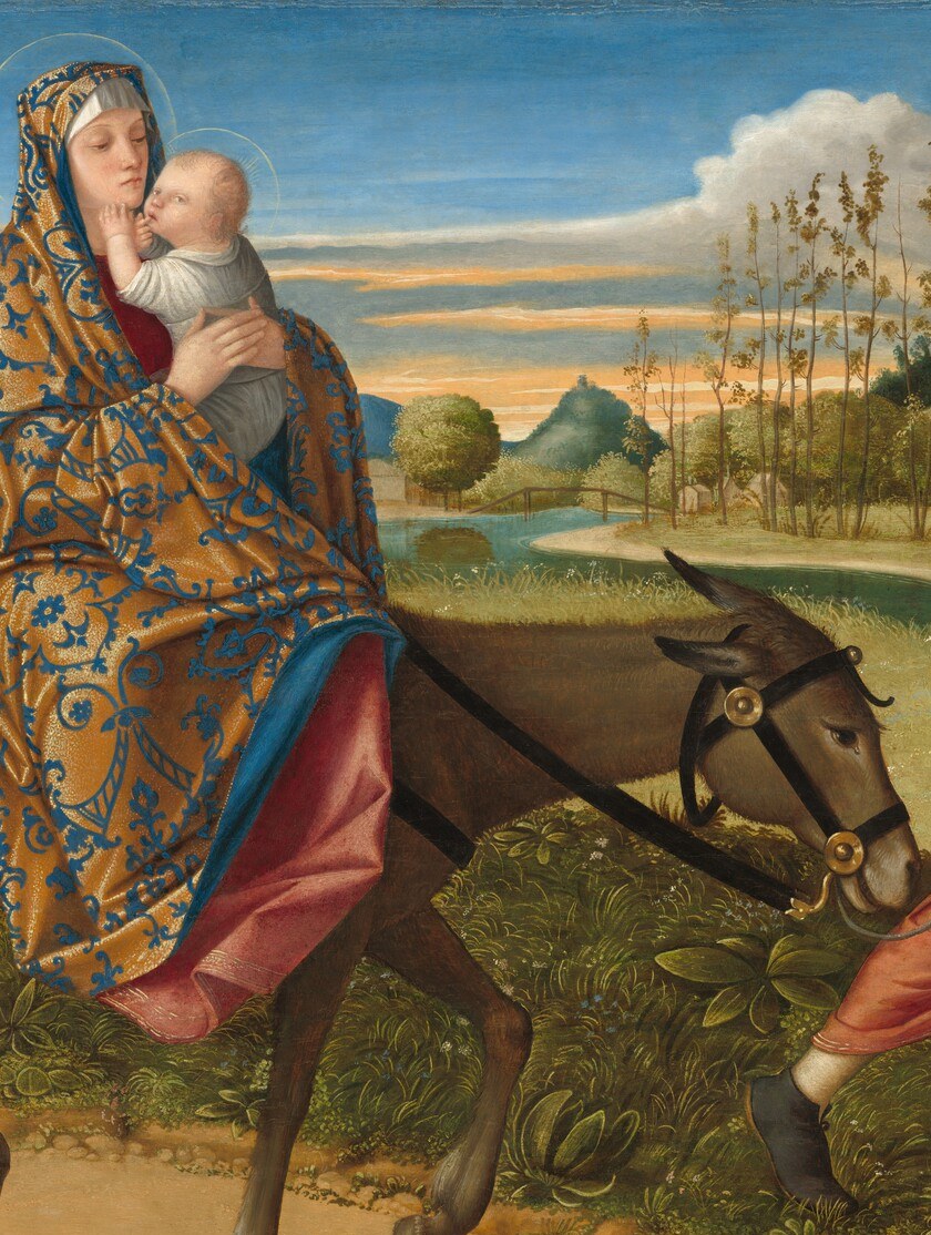 The emotional and theological heart of the panel , Mary's protective encircling of the child and their physical closeness conveys both maternal tenderness and sacred gravity; the infant is unusually alert and upright.
