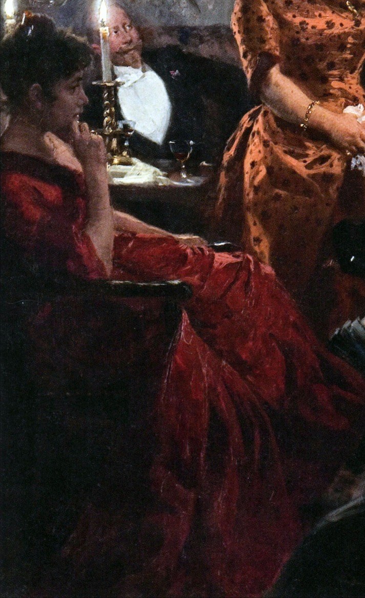 Her red dress suggests elegance and mood.