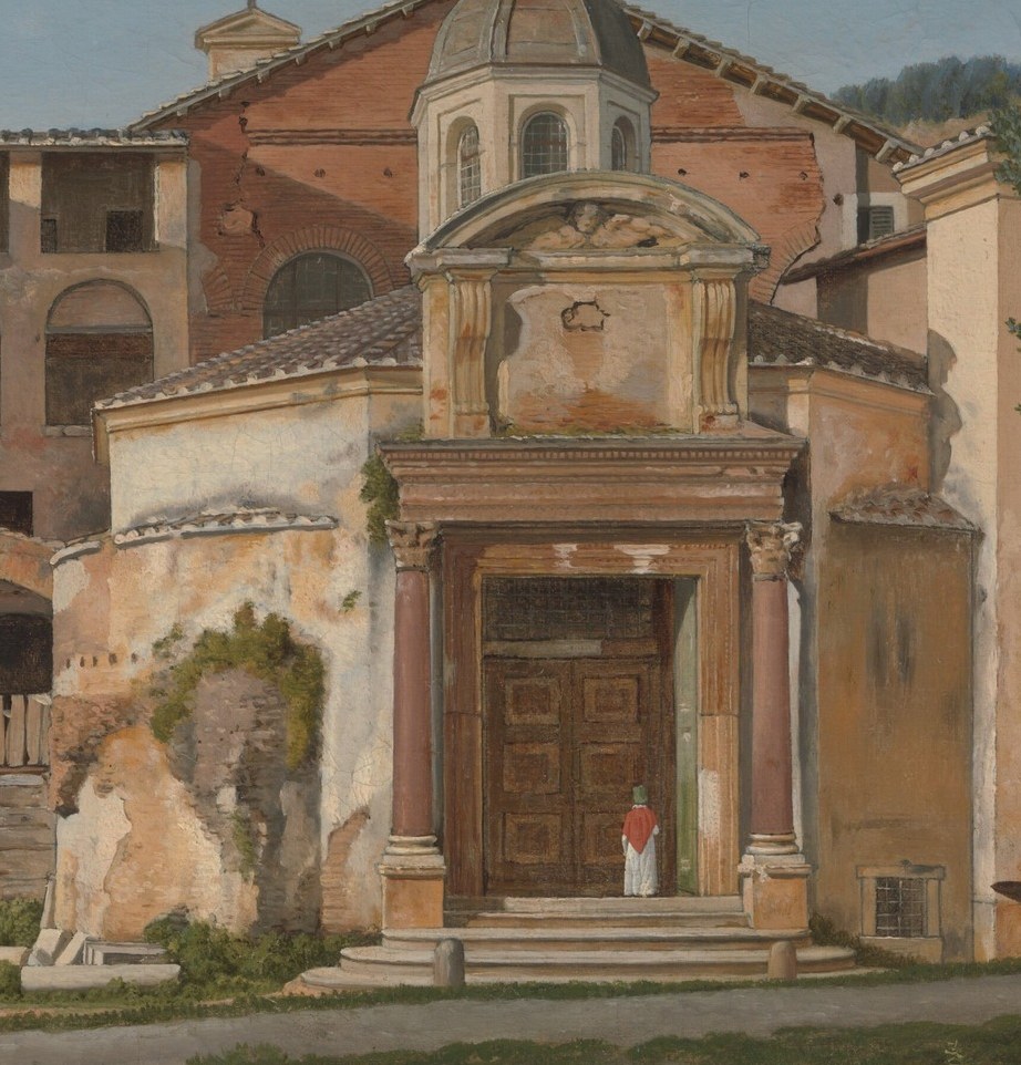 Look at the ancient church facade.