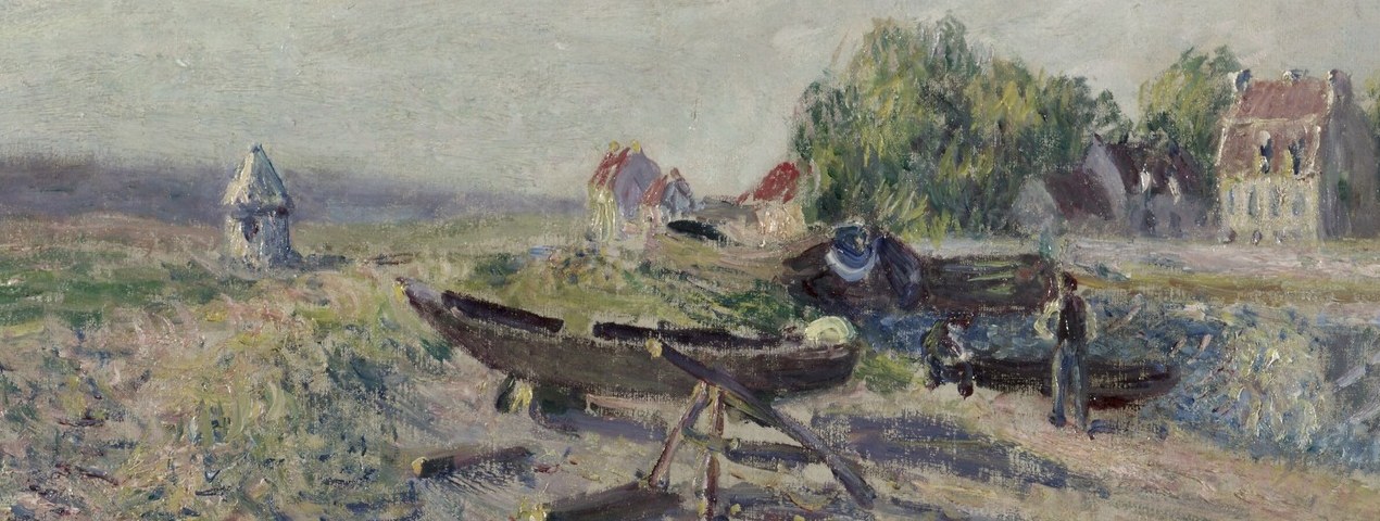 The painting's human anchor , working vessels that place this as a living waterway, not a picturesque backdrop; their heavy silhouettes contrast with the airy sky above.