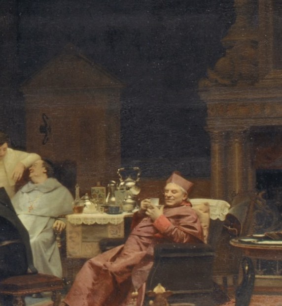 The cardinal on the right mirrors him exactly.