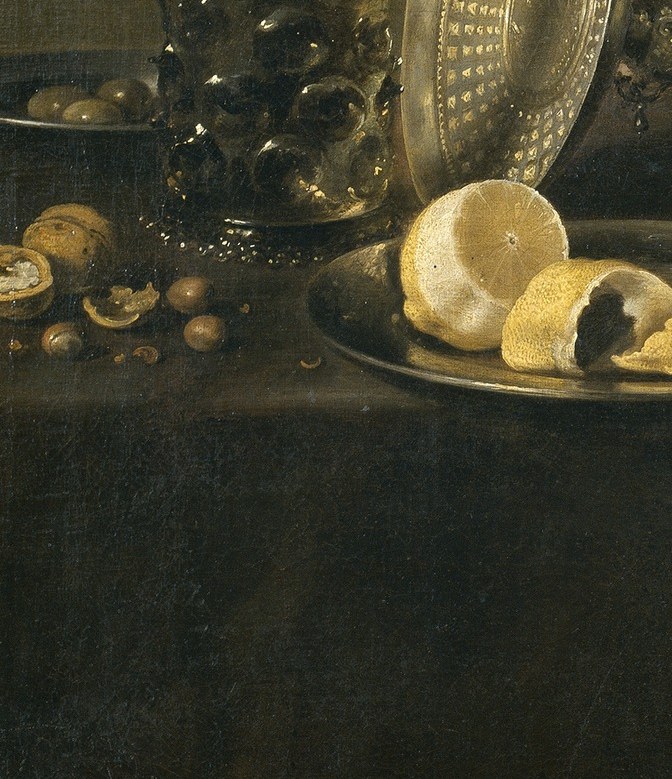 A Claesz signature: the spiraling lemon peel is both a texture showcase and a memento mori emblem , beauty that has begun to unravel. The yellow against the dark cloth is the painting's strongest color contrast.