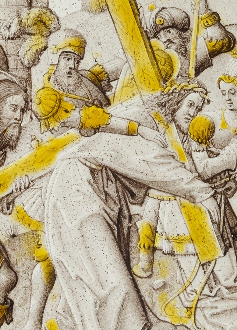 The central drama , his bowed head, bare feet and hunched posture compress suffering into a single image; a camera dwelling here captures the physical cost of the Passion.