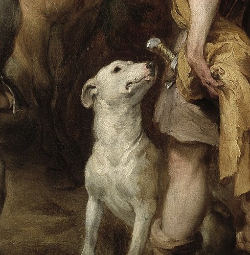 The dog's gaze towards the suffering saint adds an element of innocent witness or empathy.