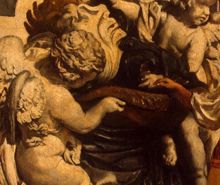 A winged figure holds a shell.