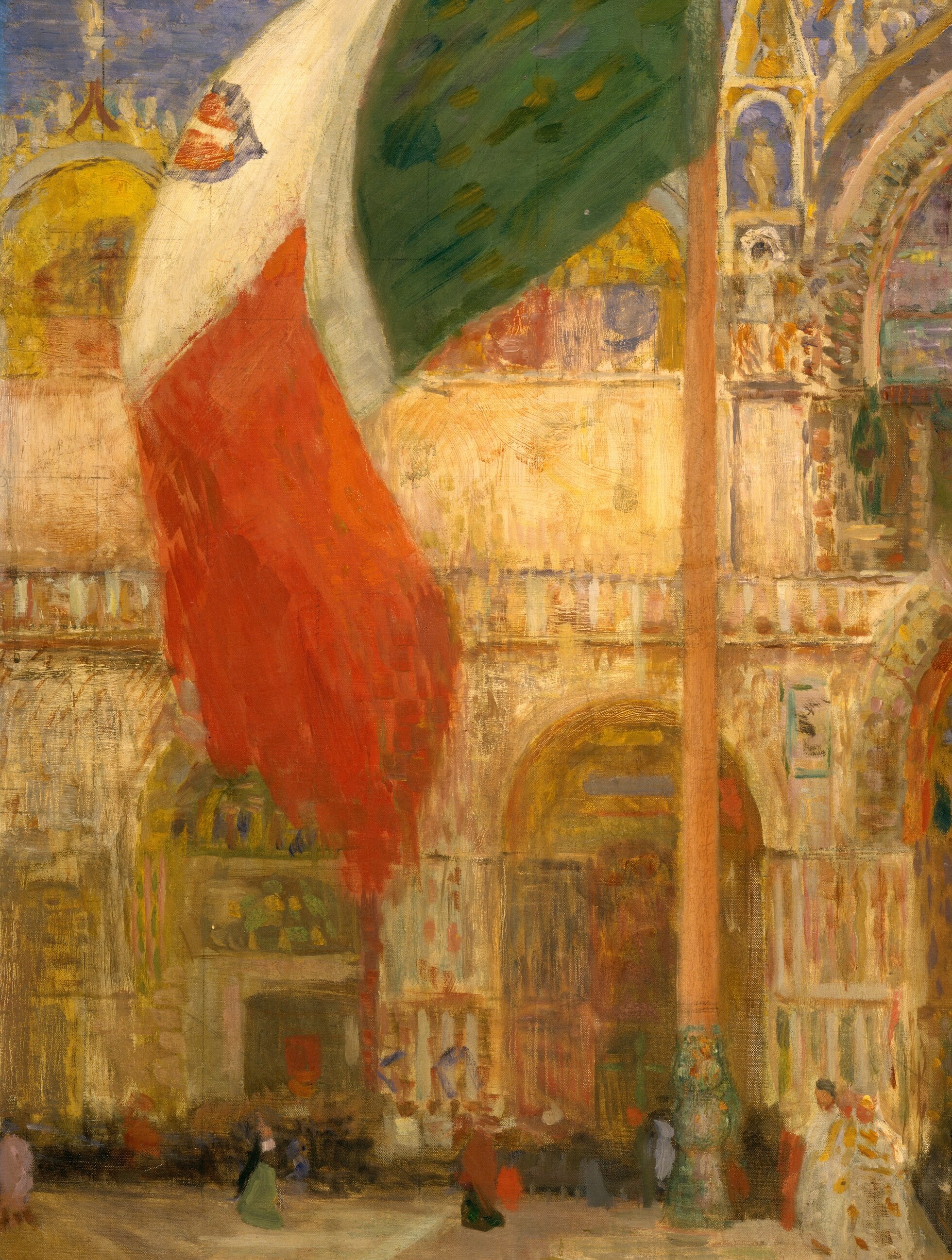Italian flags fly high above a crowded piazza.