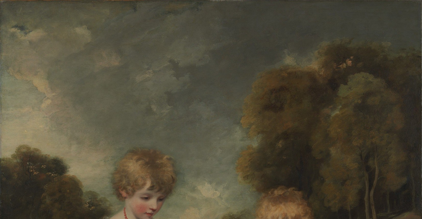 Hoppner follows Reynolds and Gainsborough in using a turbulent sky as emotional backdrop; the light breaking through upper centre frames the children heroically against impending weather.