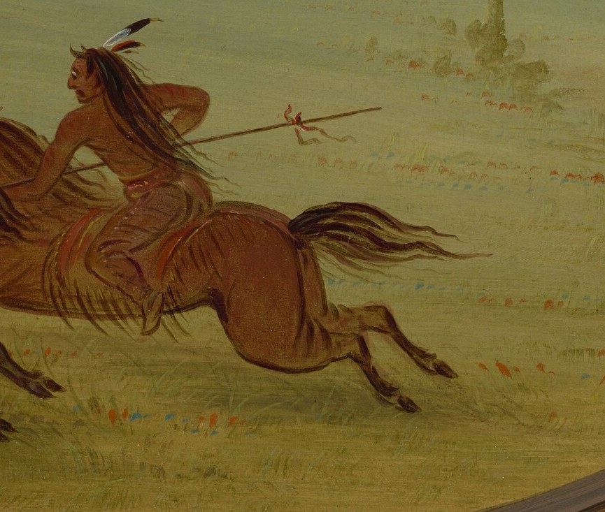 The horse's musculature and strained posture highlight the speed and danger of the chase.