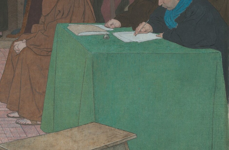 See the scribe at the green-covered table?