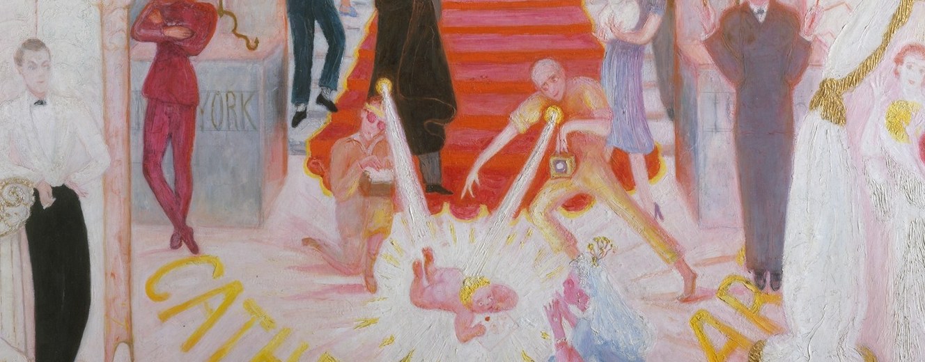 The whole New York art world compressed into caricature silhouettes , each figure is a named contemporary, making the painting a roman à clef in oil