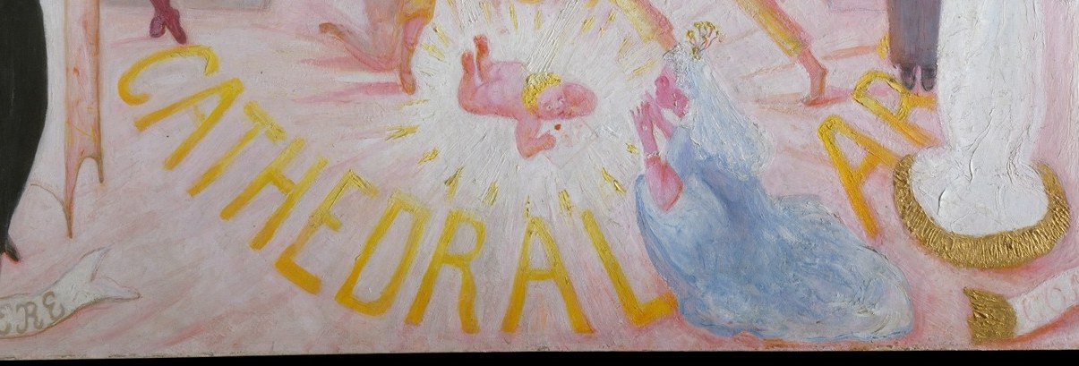 Stettheimer literally labels her conceit; the gilded lettering treats the art world as a religion, inviting viewers to read the painting as satire